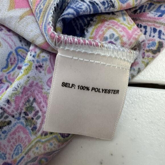 Rose & Olive Floral Button Down Top Women's 1X Pink Blue Paisley Tie Knot Light - Picture 11 of 12